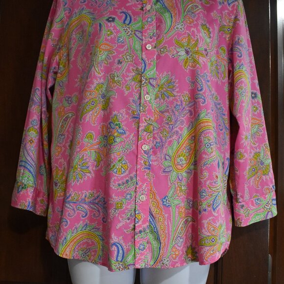 Lauren Ralph Lauren Blouse L Neon Pink Paisley Cotton Button Up Resort Chic - Picture 7 of 15